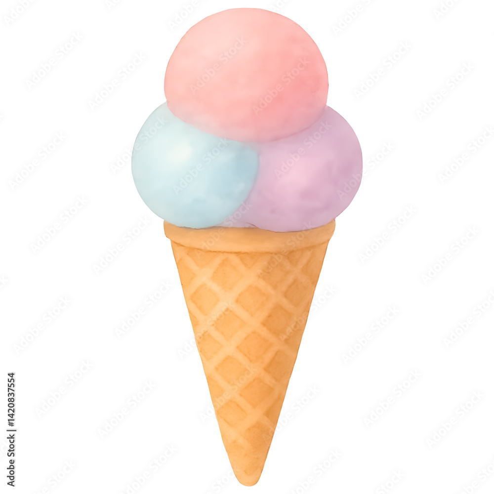 An ice cream cone with pastel triple scoops. An ice cream cone with pastel triple scoops.