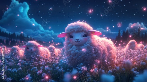 A magical, ultra-soft world where baby sheep drift like gentle puffs of cloud, surrounded by floating stars and glowing, cotton-candy-like grass.