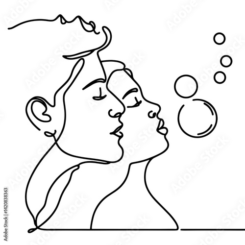 Couple blowing bubbles together in minimal line style