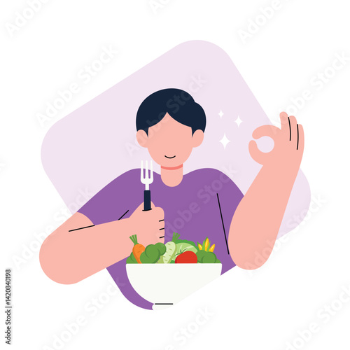 Healthy Lifestyle by Consuming vegetables. Man eating vegetables for a healthy and balanced diet. vector illustration