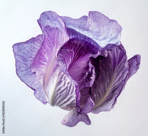 Vibrant purple cabbage, delicate and ethereal.  Close-up,  isolated against a soft backdrop.  Its leaves are ruffled and textured, showcasing a gradient of lavender and deep purple hues photo