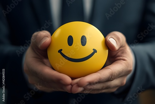 Businessman Holding Yellow Smiley Face Balloon Symbolizing Positivity and Happiness