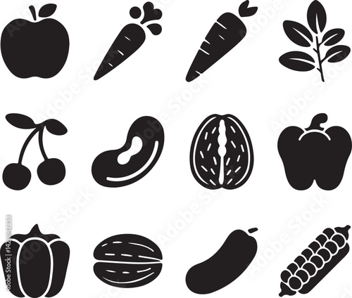 Set of healthy food icon silhouette on white background.