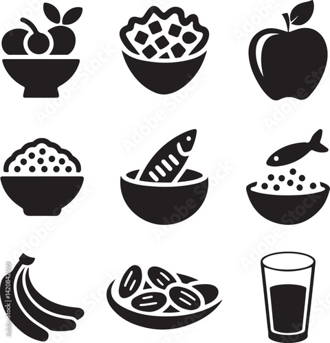 Set of healthy food icon silhouette on white background.