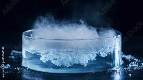 Dry ice sublimating in water, creating a dense fog.