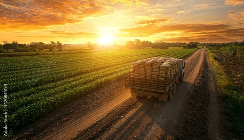 agricultural truck transporting grain sacks across a verdant seedling field illuminated by a golden sunset, symbolizing the prosperity of farming along a rural road