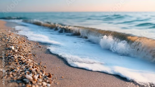 Serene beach scene with waves crashing on soft sand under bright blue sky and gentle ocean breeze inviting relaxation