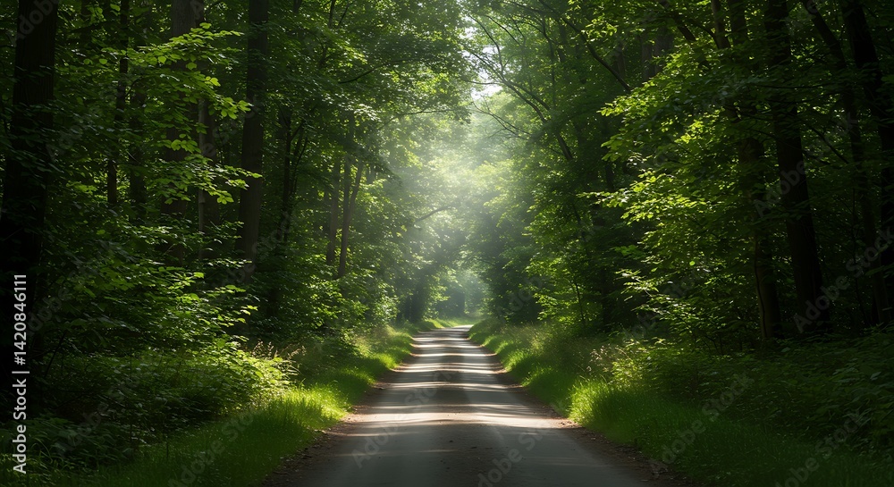 Obraz premium A light filled path cutting through a dense green forest canopy on a bright sunny day outdoors