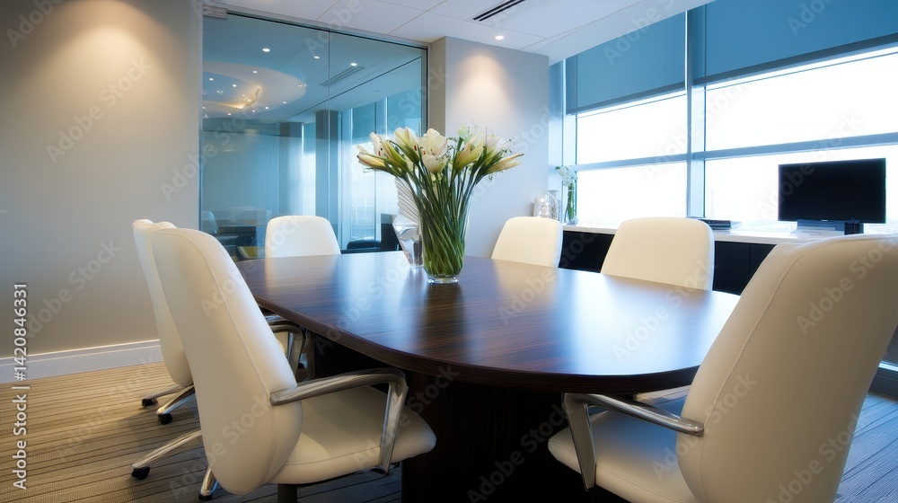 Modern office meeting room with a wooden table, white chairs, and a flower vase, bright windows Modern office meeting room with a wooden table, white chairs, and a flower vase, bright windows