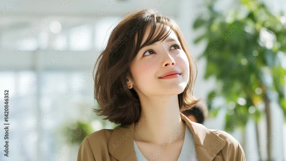 上を見上げて微笑む都会の女性のフレッシュな表情を捉えた映像