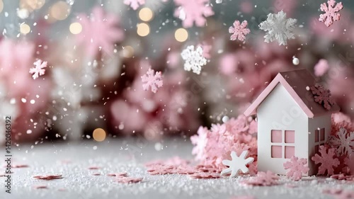 Charming house nestled among lush greenery and vibrant pink flowers creating a picturesque spring landscape scene