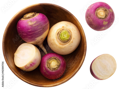 Rutabaga - rustic Root Vegetable on wooden bowl isolated on white background. Suitable for marketing or business purposes. PNG file