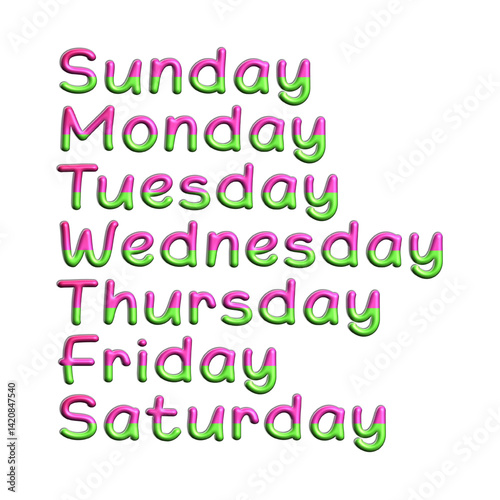 7 Days of the week. Sunday, Monday, Tuesday, Wednesday, Thursday, Friday, Saturday. 3D pink and green color words for planner, calendar, etc.