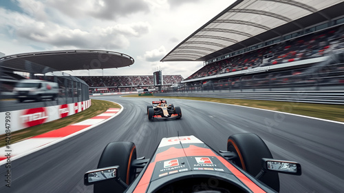 F1 Race Track Circuit with Motion Blur: High-speed F1 race track circuit with motion blur and grandstand stadium, showcasing Formula One racing.