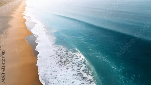 Serene beachfront landscape with endless ocean waves gently lapping against the soft sandy shoreline under clear sky