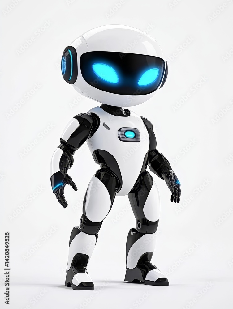 3D cartoon character of a futuristic robot with glowing blue eyes, friendly expression, sleek design, standing full body on plain white background. 3D cartoon character of a futuristic robot with glowing blue eyes, friendly expression, sleek design, standing full body on plain white background.