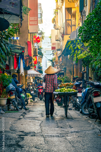 фотографія A fruit vendor pushes a bike in Hanoi, Vietnam