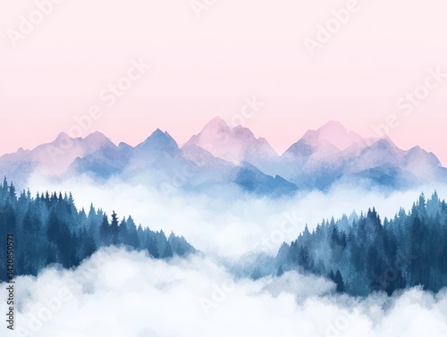 Ethereal Mountain Vista Peaks pierce cottony clouds forests thrive below dawns blush
