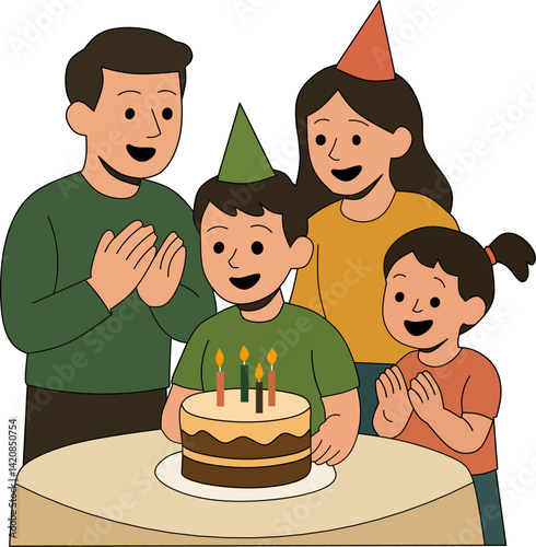 Happy birthday cartoon illustration of a family celebrating with a happy birthday boy and cake