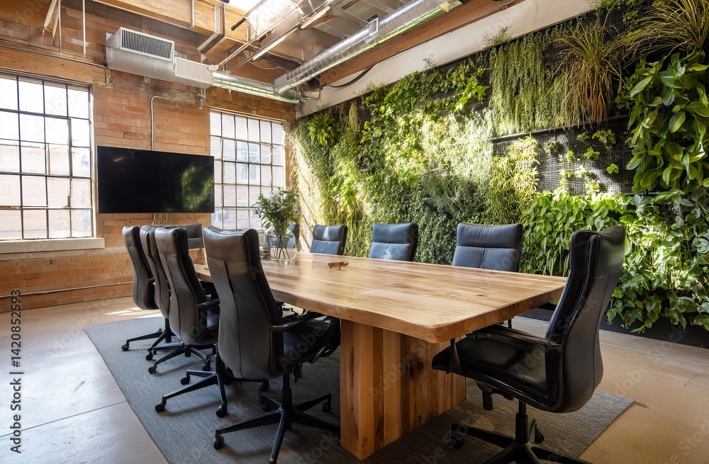Modern Office Design: Sustainable Wooden Conference Table with Living Wall and Ergonomic Chairs in a Bright Loft Space Modern Office Design: Sustainable Wooden Conference Table with Living Wall and Ergonomic Chairs in a Bright Loft Space