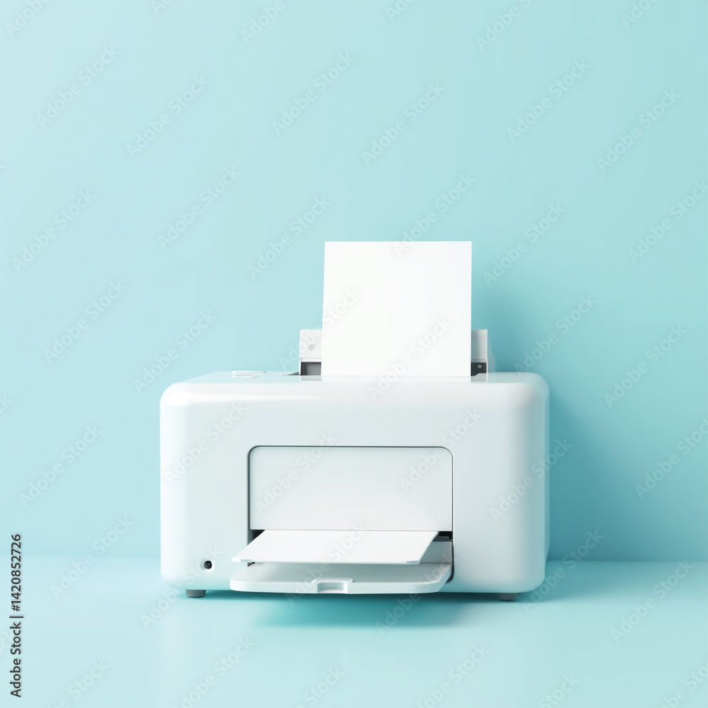 Print Illustration of a small white 3D Printer with the paper tray partially out. Pastel blue background for light contrast. Print Illustration of a small white 3D Printer with the paper tray partially out. Pastel blue background for light contrast.