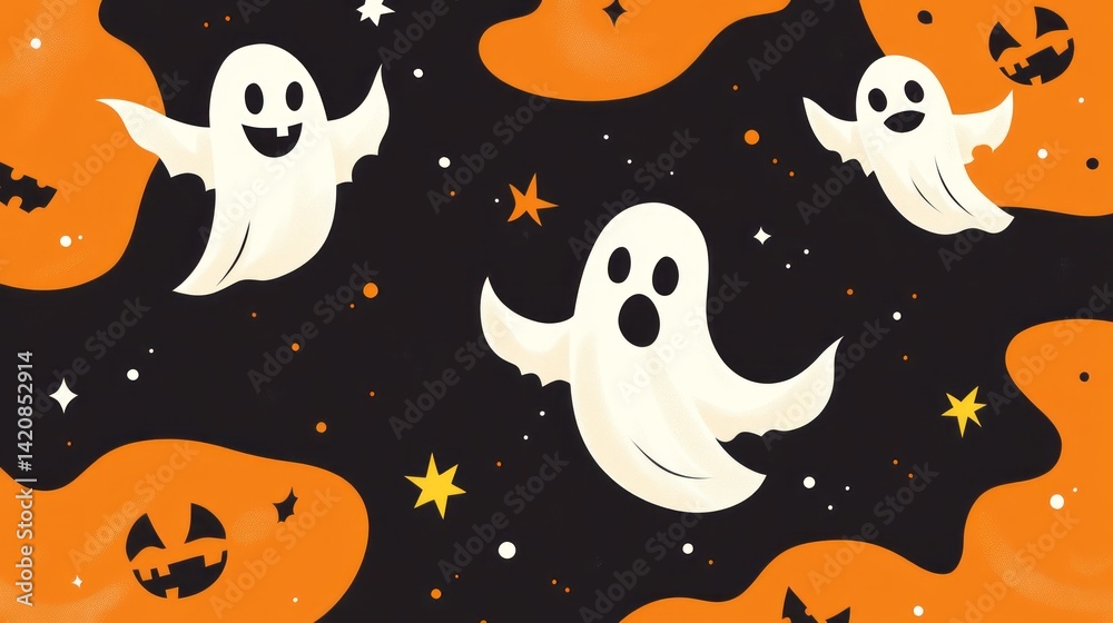 Fototapeta premium Spooky season features cute cartoon ghosts pumpkins and stars