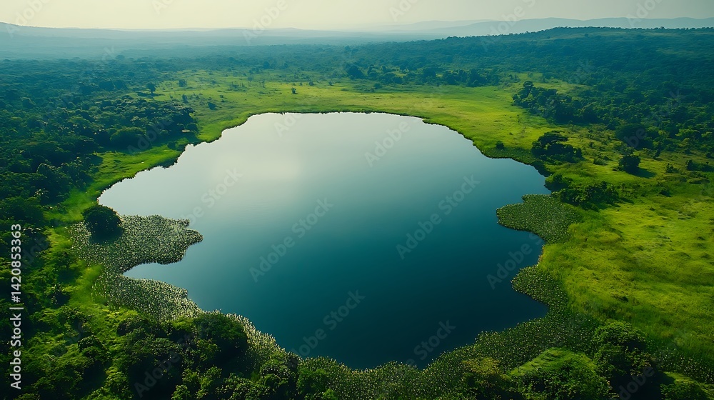 Aerial View of Serene Circular Lake in Lush Forest, Aerial view of a serene circular lake surrounded by lush green forest and grassland Aerial View of Serene Circular Lake in Lush Forest, Aerial view of a serene circular lake surrounded by lush green forest and grassland