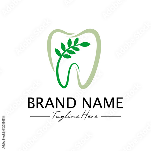 Modern dental logo design with simple tooth and green leaf accents for dentistry branding