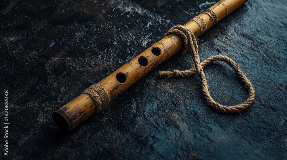 Naklejka premium Ancient Bamboo Flute on Dark Stone