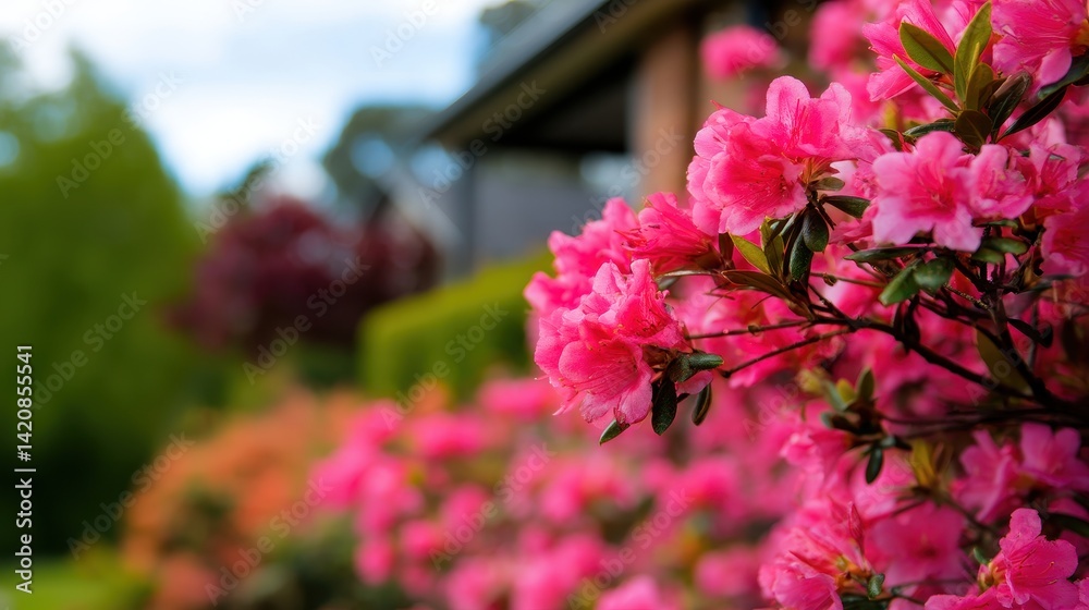 Vibrant pink azaleas bloom in a serene garden setting with a house and greenery in the background Vibrant pink azaleas bloom in a serene garden setting with a house and greenery in the background