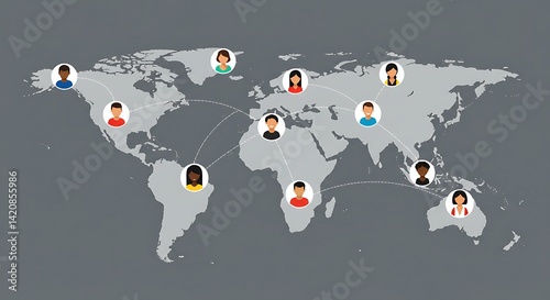 World map with diverse avatars connected by lines representing global network connectivity across nations
