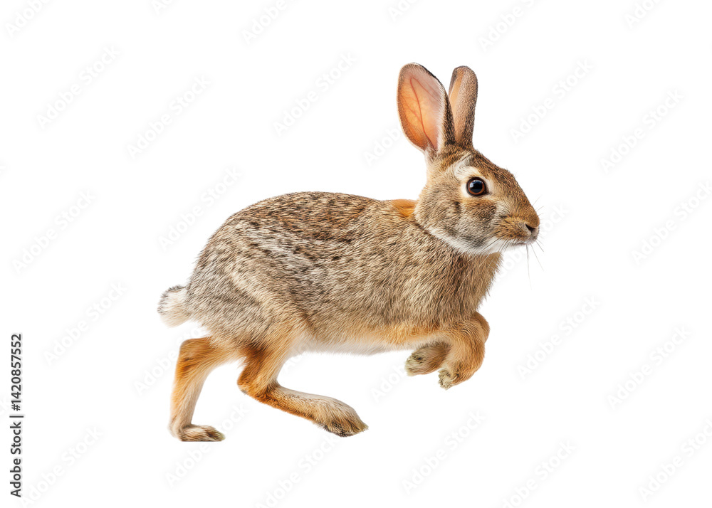 Fototapeta premium Running cottontail rabbit isolated on transparent background. Wildlife animal concept.