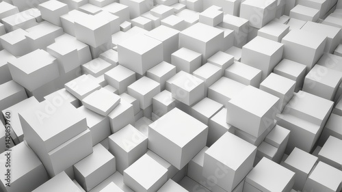Heap of different scaled white boxes geometrical background wallpaper banner pattern flat lay from above, fading out with copy space