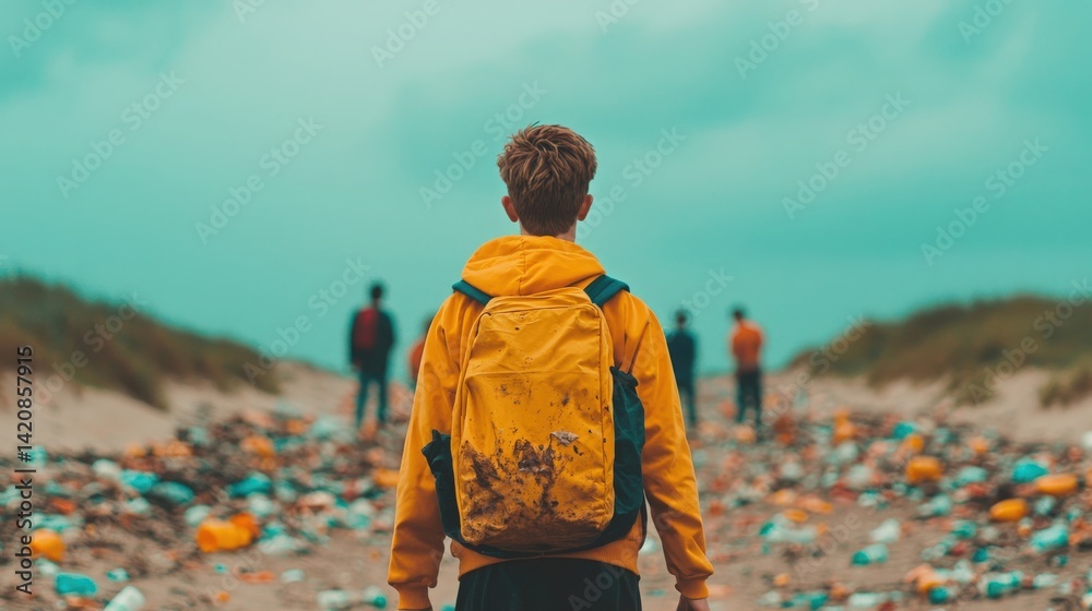 Fototapeta premium Youth facing environmental pollution, Young person with backpack amidst plastic waste.