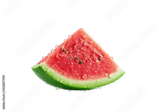 Fresh slice of watermelon with water droplets on a transparent background. Refreshing summer fruit.
