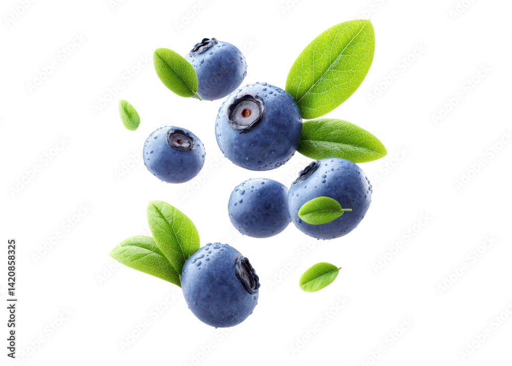 Fresh blueberries with leaves on a transparent background. Concept of healthy eating, dieting, and vitamins.