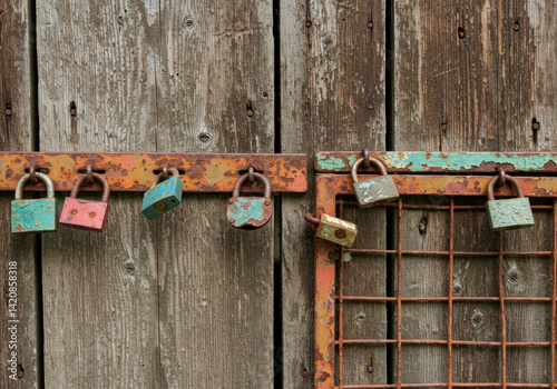 Rusty metal lock on a weathered wooden door, symbolizing time passing and nostalgia.