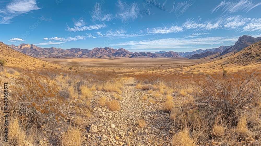 Dry, rocky desert path leading to a vast, distant mountain range under a clear, sunny sky. Dry, rocky desert path leading to a vast, distant mountain range under a clear, sunny sky.