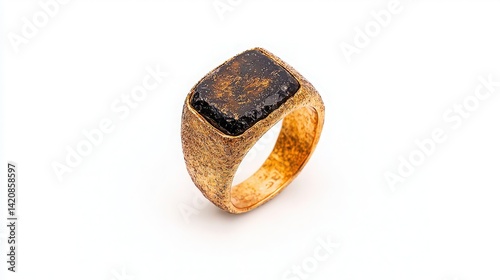 Antique Gold Signet Ring with Dark Stone, Close up of a vintage gold signet ring featuring a dark stone inlay.