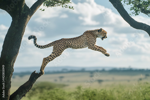 Wild cheetah in action, jumping between tree branches.