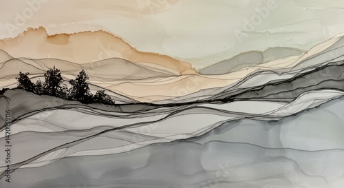 Abstract landscape painting with mountains trees and water in muted earthy tones.
