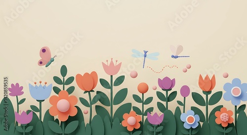 A Whimsical 3D Paper Cut Style Spring Flowers and Flying butterfly on Pastel Background 