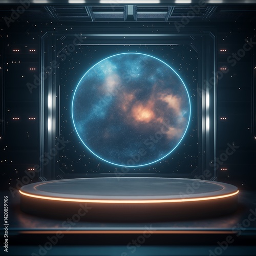 Sci-Fi Product Showcase Featuring a Neon-Lit Stage with a Cosmic Galaxy and Stars in the Backdrop.