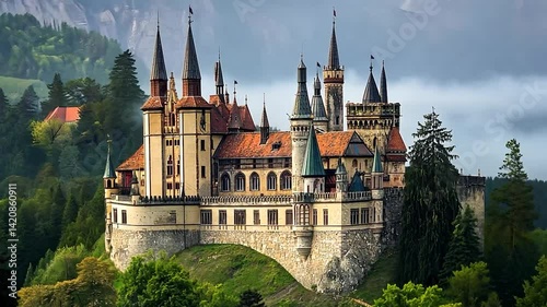 Wallpaper Mural Majestic castle nestled in a lush mountain valley, panoramic view Torontodigital.ca