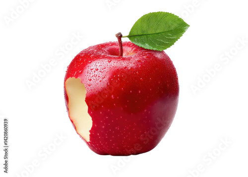 Red apple with a bite and water droplets on a transparent background. Healthy eating concept.