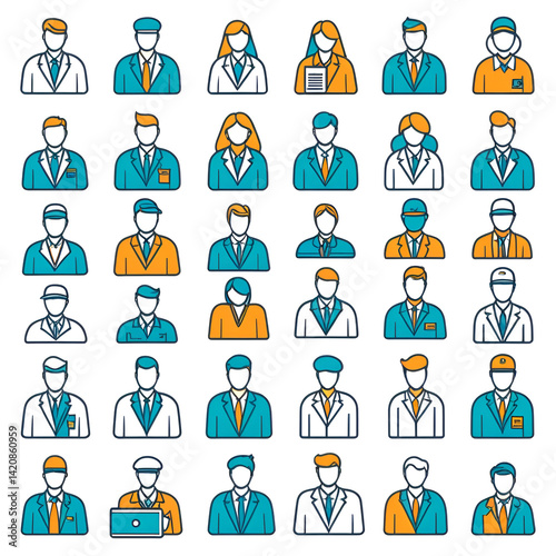Coworkers outline icons collection. Colleagues, Collaborators, Teammates, Peers, Associates, Workmates, Comrades vector and illustration concept set. Annuitants, Partners, Classmates linear signs photo