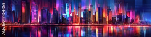 Neon Cityscape: Futuristic Cyberpunk Skyline at Night with River Reflection, Colorful Skyscrapers. Adobe Stock Banner