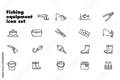 Icon set of fishing equipment. Simple line drawing.