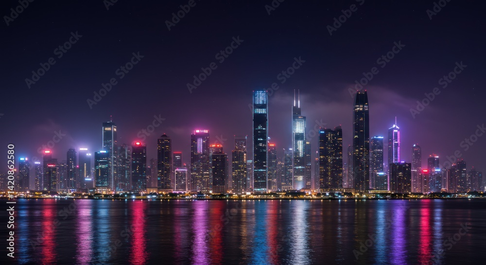 City skyline at night with illuminated skyscrapers reflecting in water. City skyline at night with illuminated skyscrapers reflecting in water.
