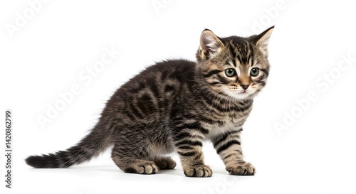 Adorable Tabby Kitten Posing Against White Background Studio Shot of a Young Cat